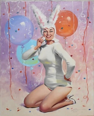 DONALD RUST-Illustrator-Original Signed Oil-PIN-UP GLAMOUR GIRL Bunny Costume - Image 1 of 4