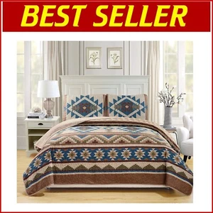 Soft Microfiber Oversized Quilt Set in Rustic Taupe & Blue for Cozy Bedrooms - Picture 1 of 2