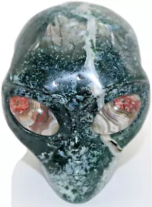 XL Green MOSS Solid Agate ALIEN Head Skull with Lace Agate GEMSTONE Eyes - Picture 1 of 13