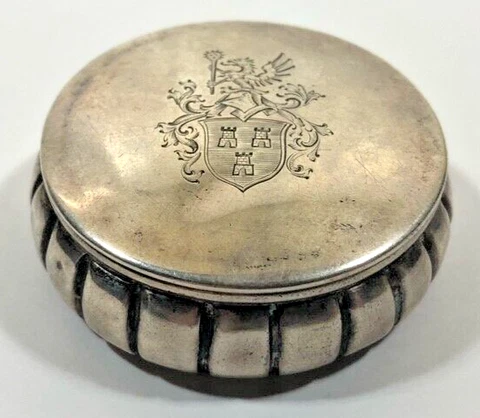 Antique 835 Silver Pill Box Engraved Coat of Arms 3 Castles Griffin c1910 2.25" Cover