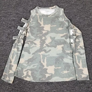 Alya Camo Top Womens Small Multicolor Long Sleeve Open Cold Shoulder USA Made - Picture 1 of 12
