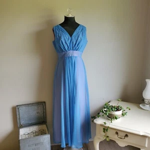 Union Made 70's Ladies Vintage Long Blue Bejeweled Chiffon Sleeveless Dress - Picture 1 of 7