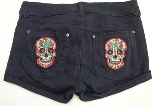 Banned Apparel Mini Shorts Sugar Skull Goth Rock Chick Black UK 26 - Picture 1 of 10