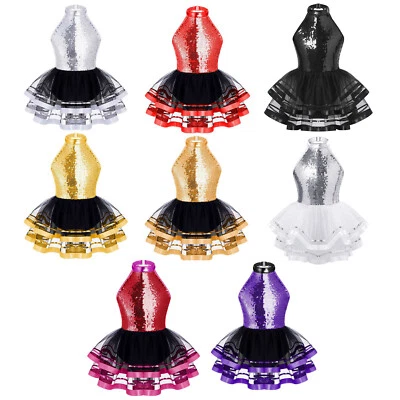 Kids Girls Leotard Straps Hollow Back Dance Dress Sparkly Dancewear Latin Jazz - Image 1 of 3