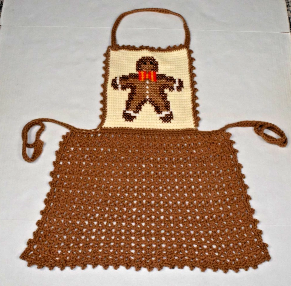 Vintage Gingerbread Man Cinnamon Brown Handmade Crocheted Apron 31.5 in OOAK - Image 1 of 4