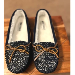 Minnetonka dunkelblau kuschelig Strick Kunstfell gefüttert Mokassin Hausschuhe Damen 9W - Bild 1 von 12