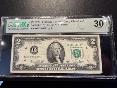 1976 $2 Federal Reserve Note Cleveland PMG 30 Very Fine  #D00350307* - Star - Image 1 of 2
