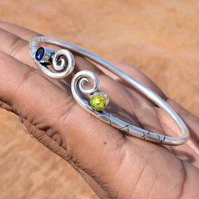 Tanzanite & Peridot Cut Gemstone Cuff 925 Sterling Silver Everyday Use Bangle - Image 1 of 4