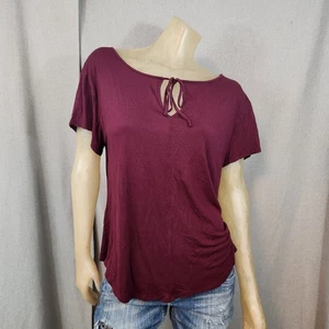 GAP Maroon Red Round Peek-a-boo Neck Short Slv Blouse Shirt Top LARGE USED - Picture 1 of 6