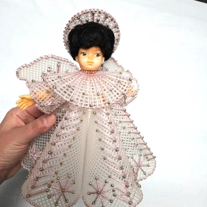 Vintage Nadelspitze Urlaub Puppe Engel rosa Kreuzstich Schneeflocke Perlen silber - Bild 1 von 18