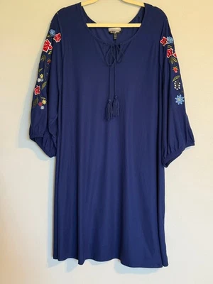 ALLISON BRITTNEY WOMEN'S DRESS. SIZE: 3X SCOOP-NECK LONG SLEEVE EMBROIDERED BLUE - Image 1 of 4