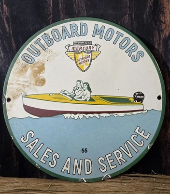 VINTAGE 1955  MERCURY OUTBOARD MOTORS SALES AND SERVICE PORCELAIN SIGN 12" - Image 1 of 4