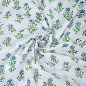 Green Blue Hand Block Floral Print Fabric Indian Cotton Light Cloth By The Yard - Picture 1 of 4