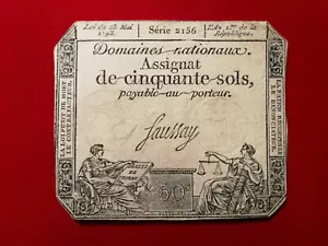 ASSIGNAT de CINQUANTE-SOLS / Loi du 23 Mai 1793 / Série 2156 / signé FAUSSAY - Picture 1 of 2