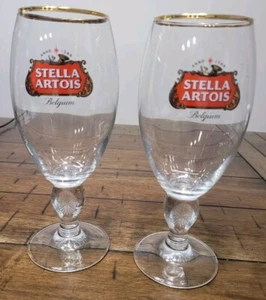 Set Of 2 Stella Artois Glass & Gold Rimmed Belgium Pilsner Beer Glasses 40 CL - Picture 1 of 9