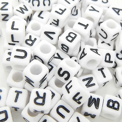 100 x 6mm White Black Letter Alphabet Loose Pony Cube Beads Mixed Single A-Z UK