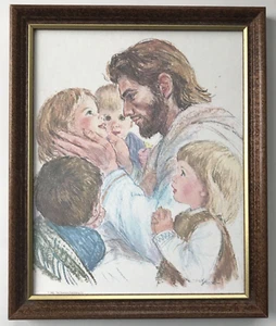 Vtg 1962 R Hook Jesus with Children Wood Framed 9x11 Religious Art Signed Print - Picture 1 of 7