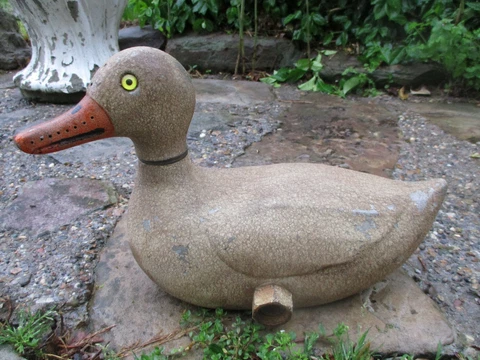 FABULOUS OLD CAST METAL DUCK GARDEN SPRINKLER GLASS EYES WORN CRACKLED PAINT Cover