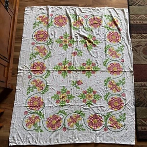 VINTAGE TERRY CLOTH TABLECLOTH PICNIC CLOTH, RED/YELLOW FLOWERS, 48 X 58 - Picture 1 of 11