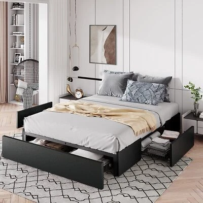 Sifurni Full/Queen Platform Bed Frame & 3 Storage Drawers, Black, Faux Leather - Image 1 of 4