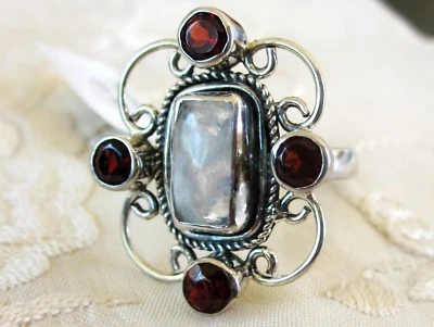 Rainbow Moonstone & Garnet Ring / size 7.25 / 925 Sterling Silver, 6.2cts, 5.5g - Image 1 of 4
