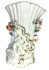 Vtg. Ceramic Victorian Bud Vase w/ Swan And Applied Floral Gold Trim 6 Inches - Picture 1 of 23