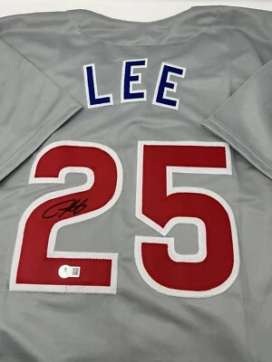 Camiseta deportiva de Derrek Lee firmada a mano autografiada por los Chicago Cubs Road Beckett BAS Foto 1 de 4
