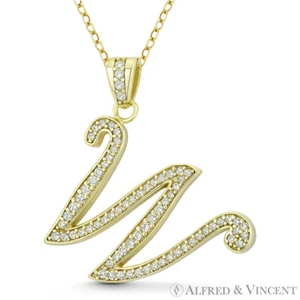 Initial Letter "W" Cursive Script CZ Crystal .925 Sterling Silver 14k GP Pendant - Picture 1 of 1