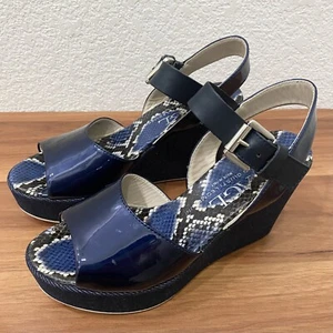 AGL Attilio Giusti Leombruni Italy Navy Patent Leather Wedge Denim Sandals 38.5 - Picture 1 of 17