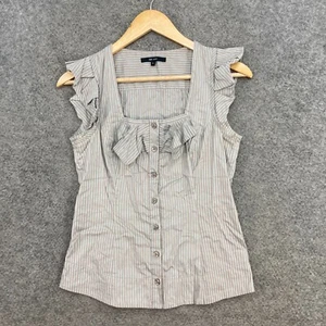 Cue Shirt Top Womens 6 Striped Brown Sleeveless Ruffle Cotton Blend 8327 - Picture 1 of 10