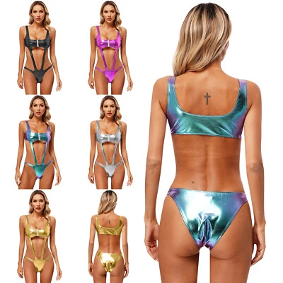 DE Damen Metallic Bikini Set Micro Badeanzug BH mit Slip Bademode Reizwäsche - Bild 1 von 3