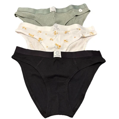 Gilly Hicks比基尼内裤3件装女式小号绿色花卉黑色棉混纺  — 第 1/4 张图片