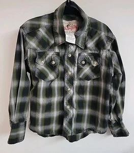 Wrangler Cowboy Western Retro Youth Boys Green Plaid Pearl Snap Shirt Size 3-4 - Picture 1 of 9