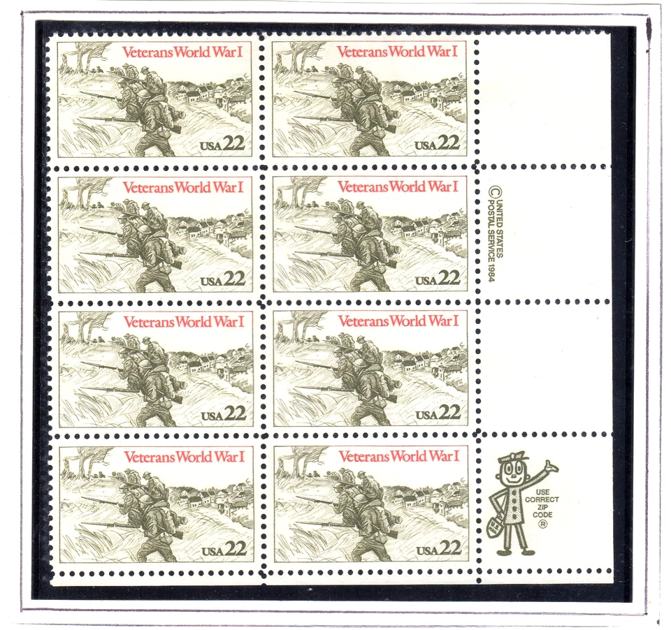 Scott #2154 Veterans World War 1 Zip Block of 8 Stamps - MNH - Image 1 of 1