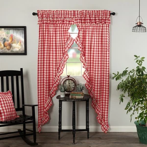 Annie Buffalo Farmhouse Red Check Ruffled Prairie Panel Set 84x36x18" VHC Brands - Picture 1 of 8