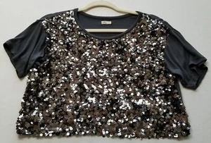 Hollister Cropped Top Women’s Small S Gray Short Sleeve Crewneck Sequins Stretch - Picture 1 of 13
