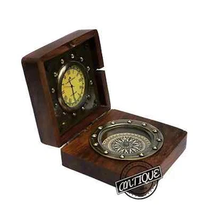 Brass Compass With Brown Clock Table Watch Antique Wooden Desk Decor Hiking Gift - Picture 1 of 6