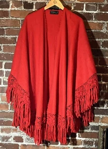 Mon Repos Alpaca Wool Cape With Gorgeous Border Fringe Crochet Peru Red - Picture 1 of 12