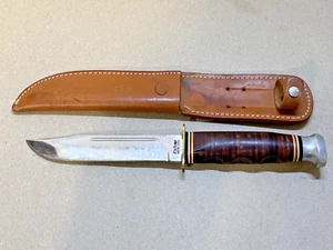 KA-BAR 1208 Stacked Leather Handle Vintage Hunting Knife with Sheath - Picture 1 of 12
