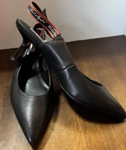 KARL LAGERFELD Panache Black Leather Slingback Logo Pointed Heels Shoes US 9 - Picture 1 of 9