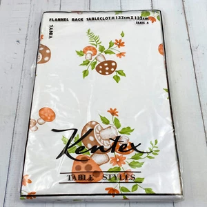Vintage Kentex Flannel Back Tablecloth Mushroom & Floral Print 132cm Square NEW - Bild 1 von 9