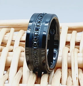 Men's Tungsten Wedding Band Black Tungsten Ring with Black CZ Eternity for Women - Picture 1 of 7