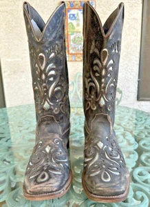 ROPER Women size 10 M Brown Fancy Silver Inlay Underlay Square Toe Cowboy Boots - Picture 1 of 6