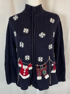 Crystal Kobe Blue Christmas Zip cardigan Sweater Santa's clothes snowflakes M - Picture 1 of 16