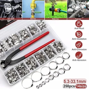 250PCS 14 Sizes Single Ear Hose Clamp, 5.3-33.1mm 304 Stainless Steel Ear Clamp - Picture 1 of 11