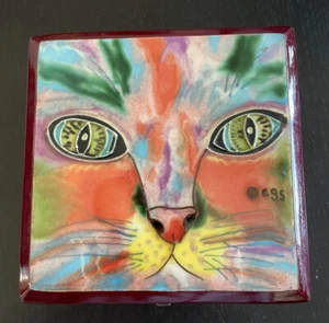 Enameled Cat Trinket Box Eyes Cherry Wood Square 4 1/4” Made By cgs Kitten - Bild 1 von 6