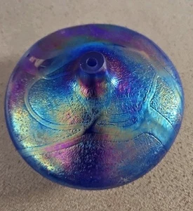 Art Glass Blue Green & Purple Iridescent Oil Lamp Small Vase - Picture 1 of 5