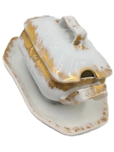 JPL Limoges France 1891 Condiment Dish Base Plate/Cover White Porcelain w/Gold - Picture 1 of 11