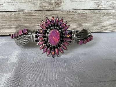Sterling Silver 925 Pink Fire Opal Cuff Bracelet 32.5g Zuni Southwestern - Image 1 of 4