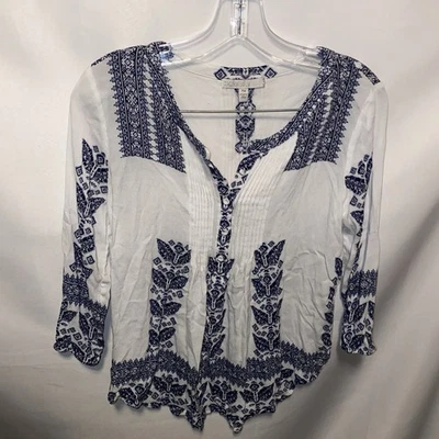 Pale Sky Tunic Sz PM 3/4 Sleeve Pullover Scoop Neck Navy & White Loose & Comfy - Image 1 of 4